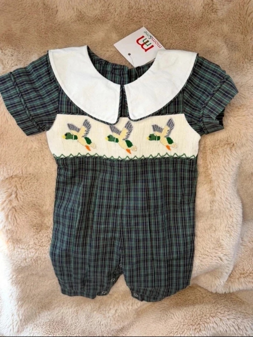 Green Plaid Smocked Duck One-Piece with White Collar